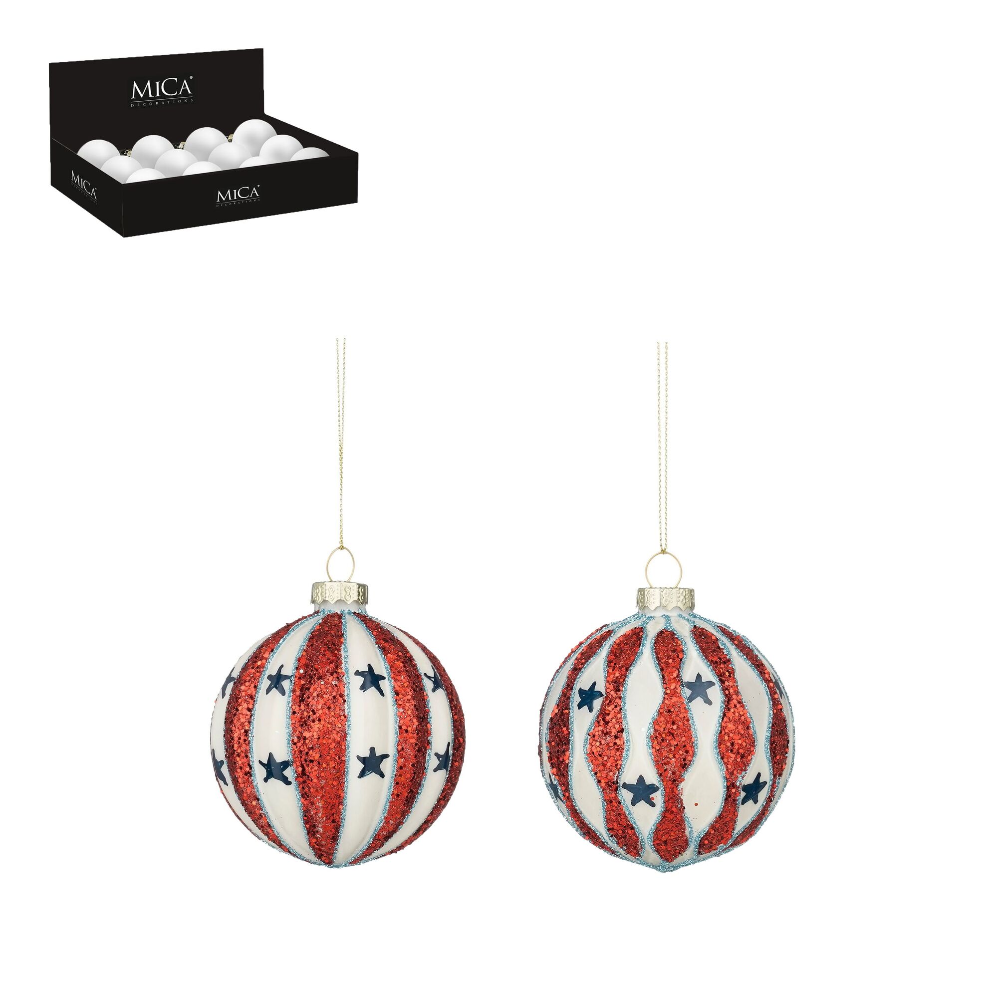 Bal glas ster rood 2 assorti 12 stuks display