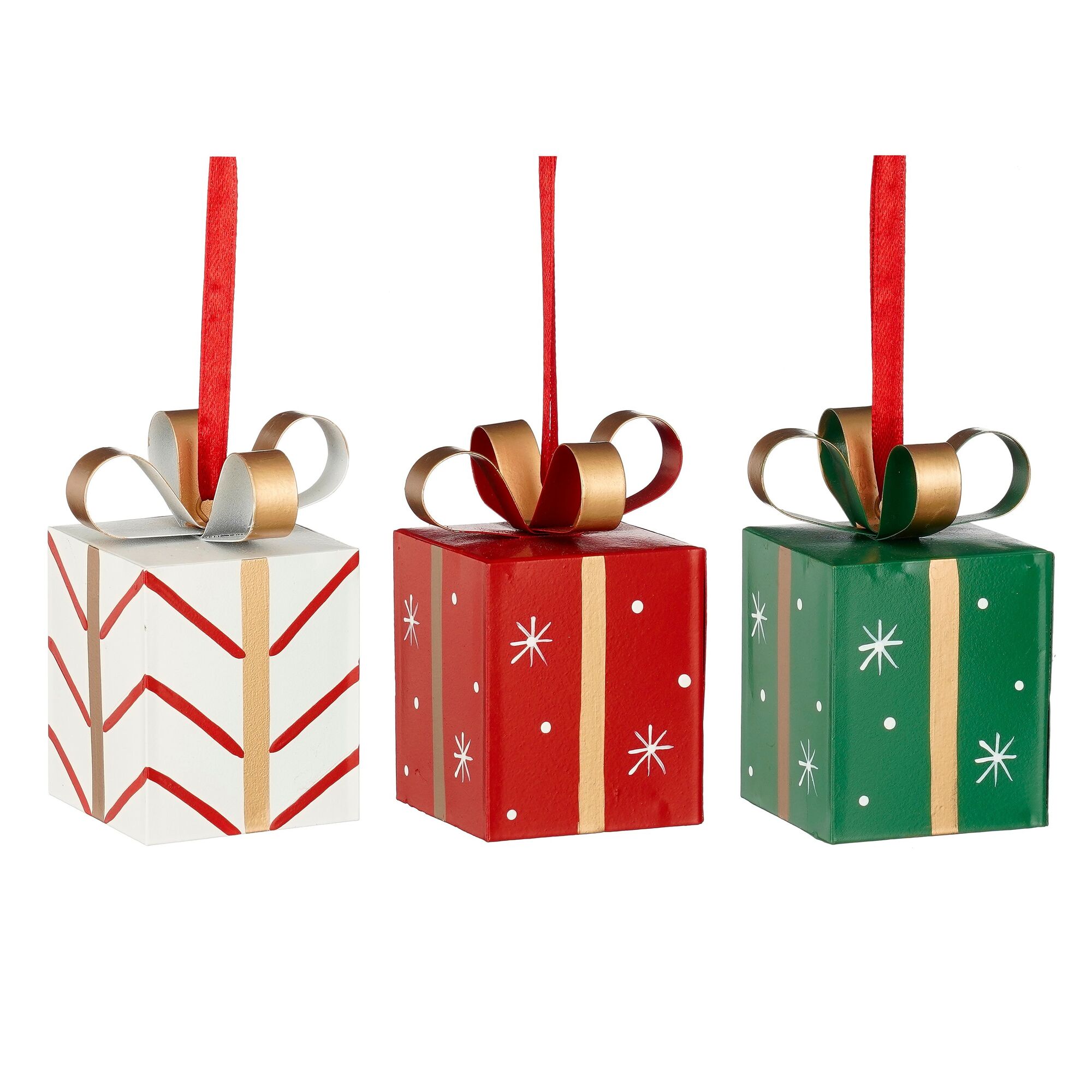 Ornament cadeau rood wit groen 3 assorti