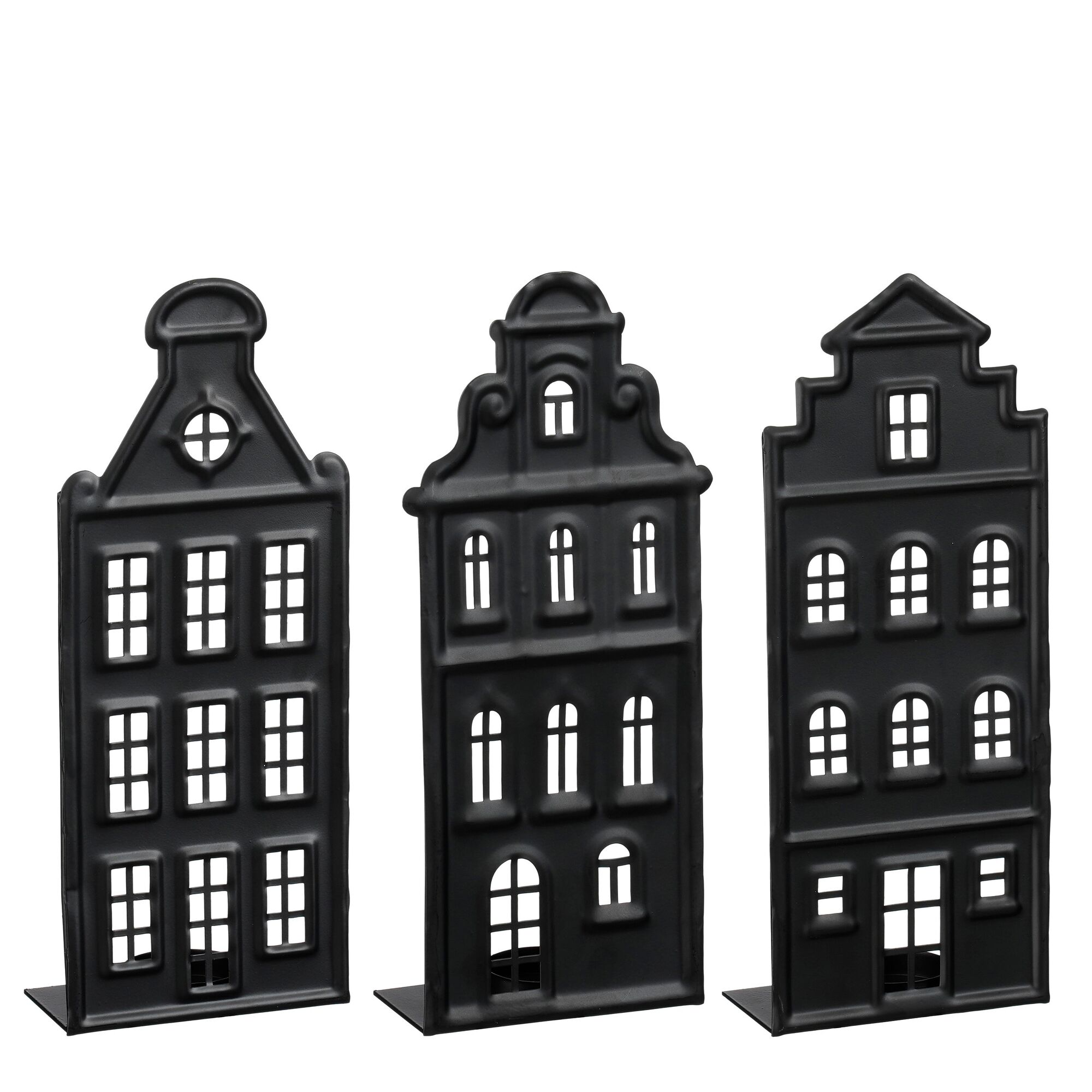 Theelicht houder huis zwart 3 assorti