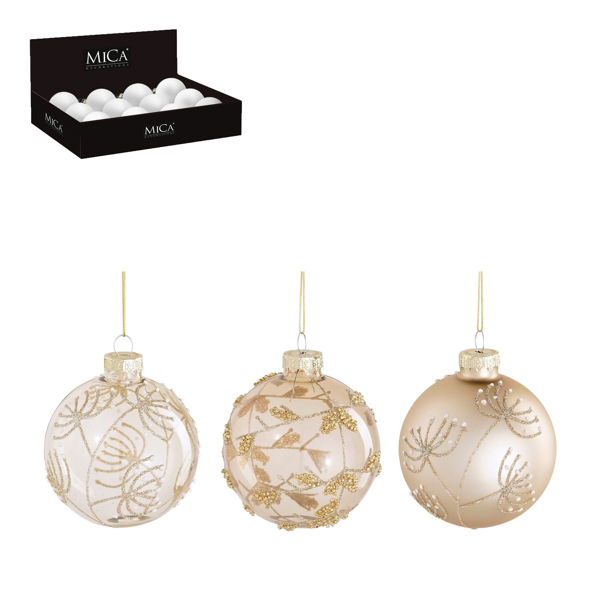 Bal glas bloem goud 3 assorti 12 stuks display