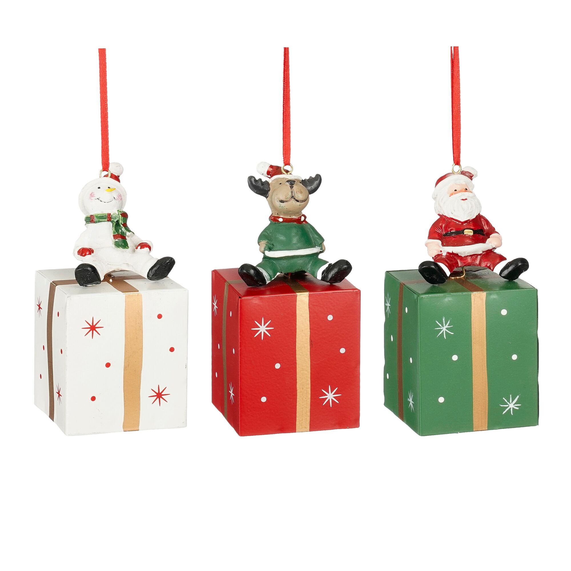 Ornament kerstman sneeuwman hert wit rood groen 3 assorti