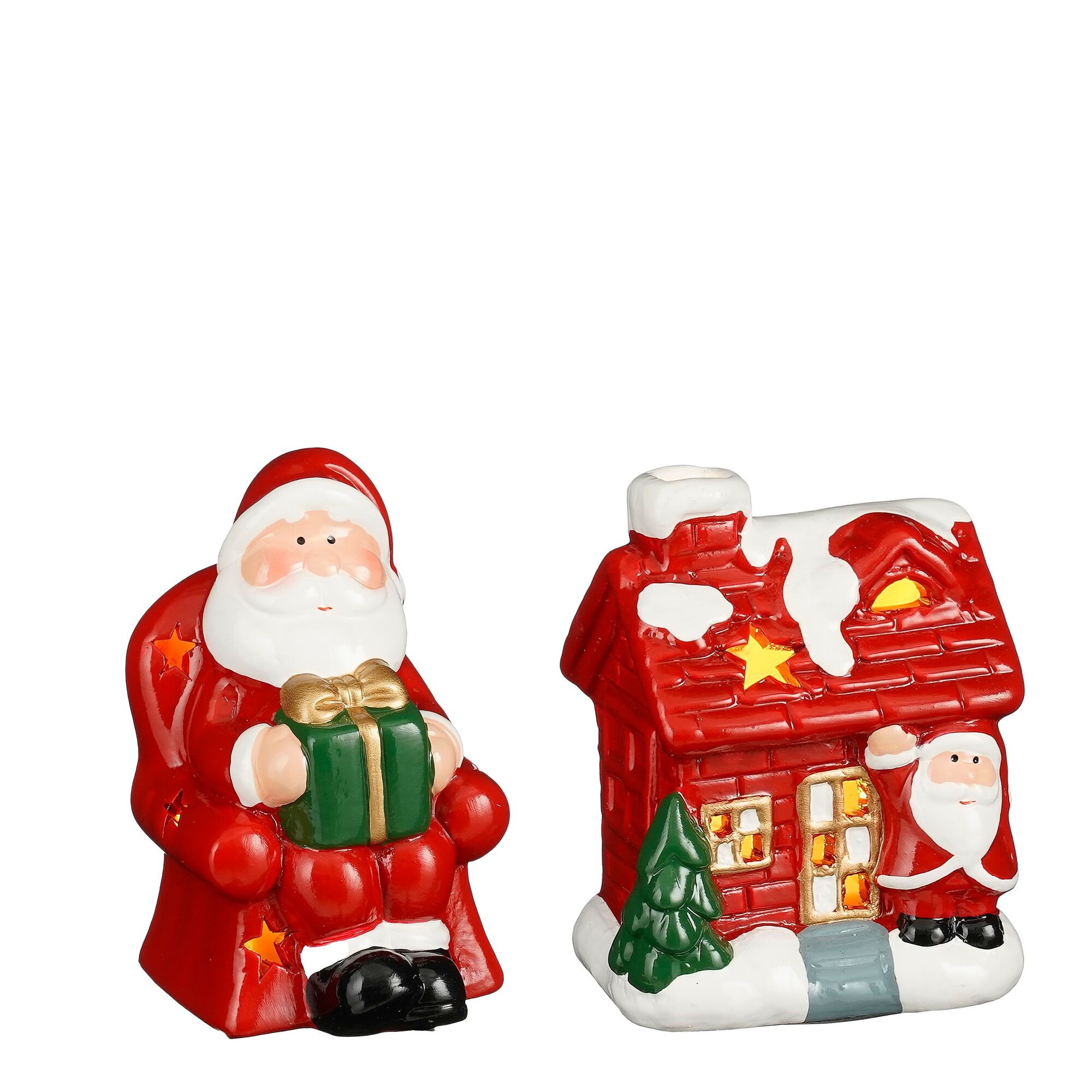 Decoratie kersthuis kerstman rood 2 pcs led battery operated