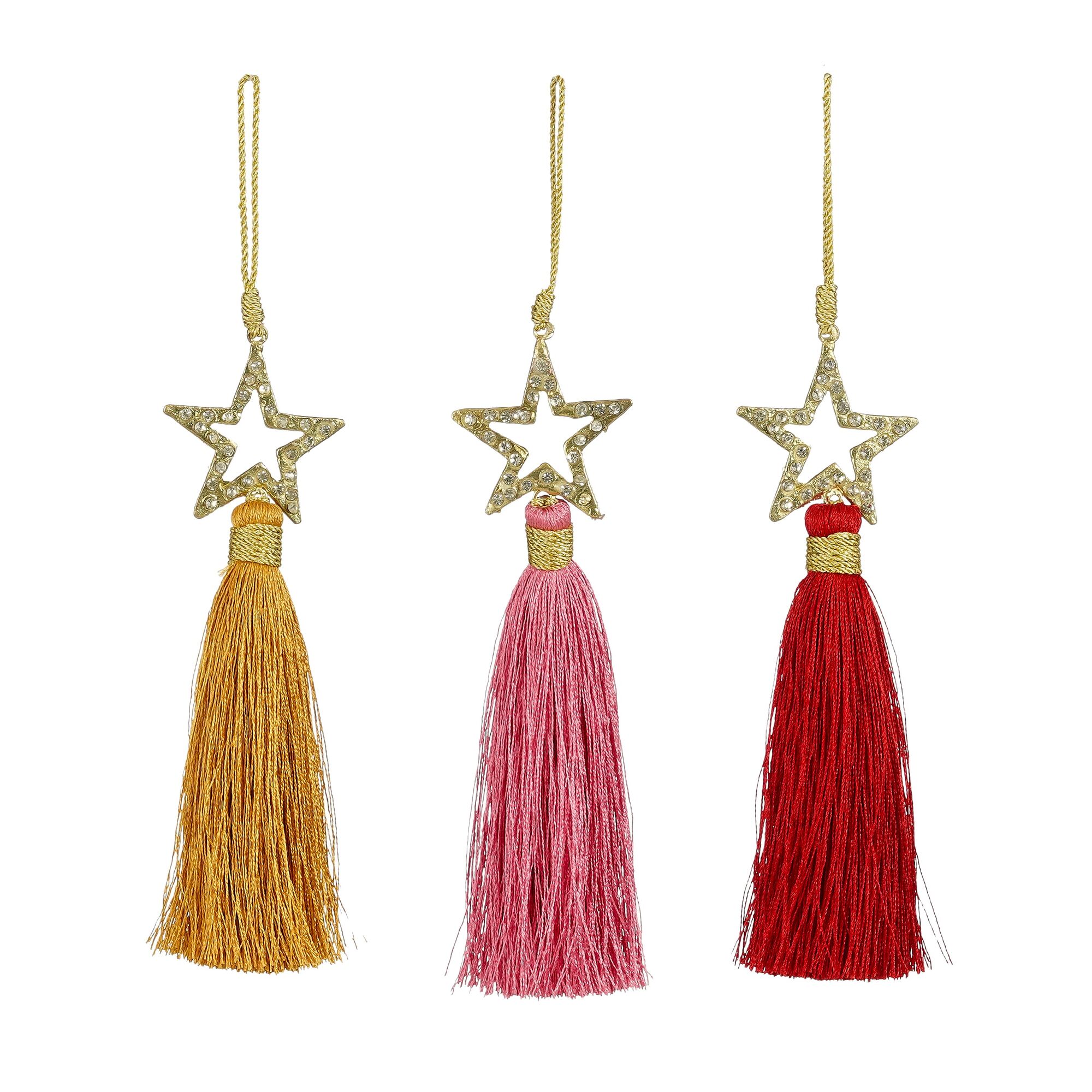 Ornament ster hangkwast roze rood oker 3 assorti