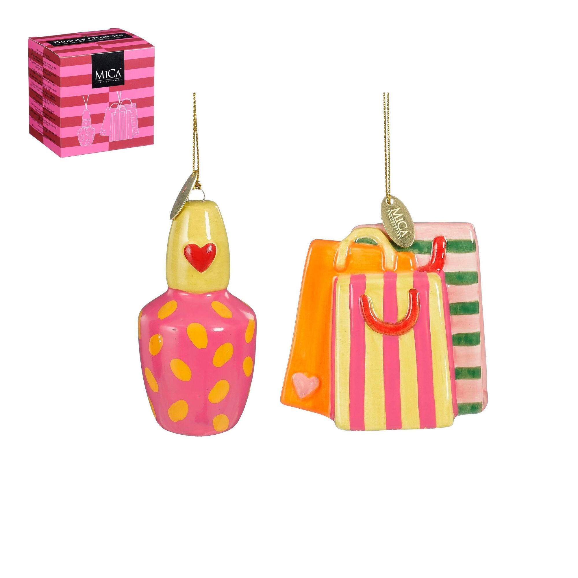 Ornament cadeau set nagellak tas roze oranje 2 stuks
