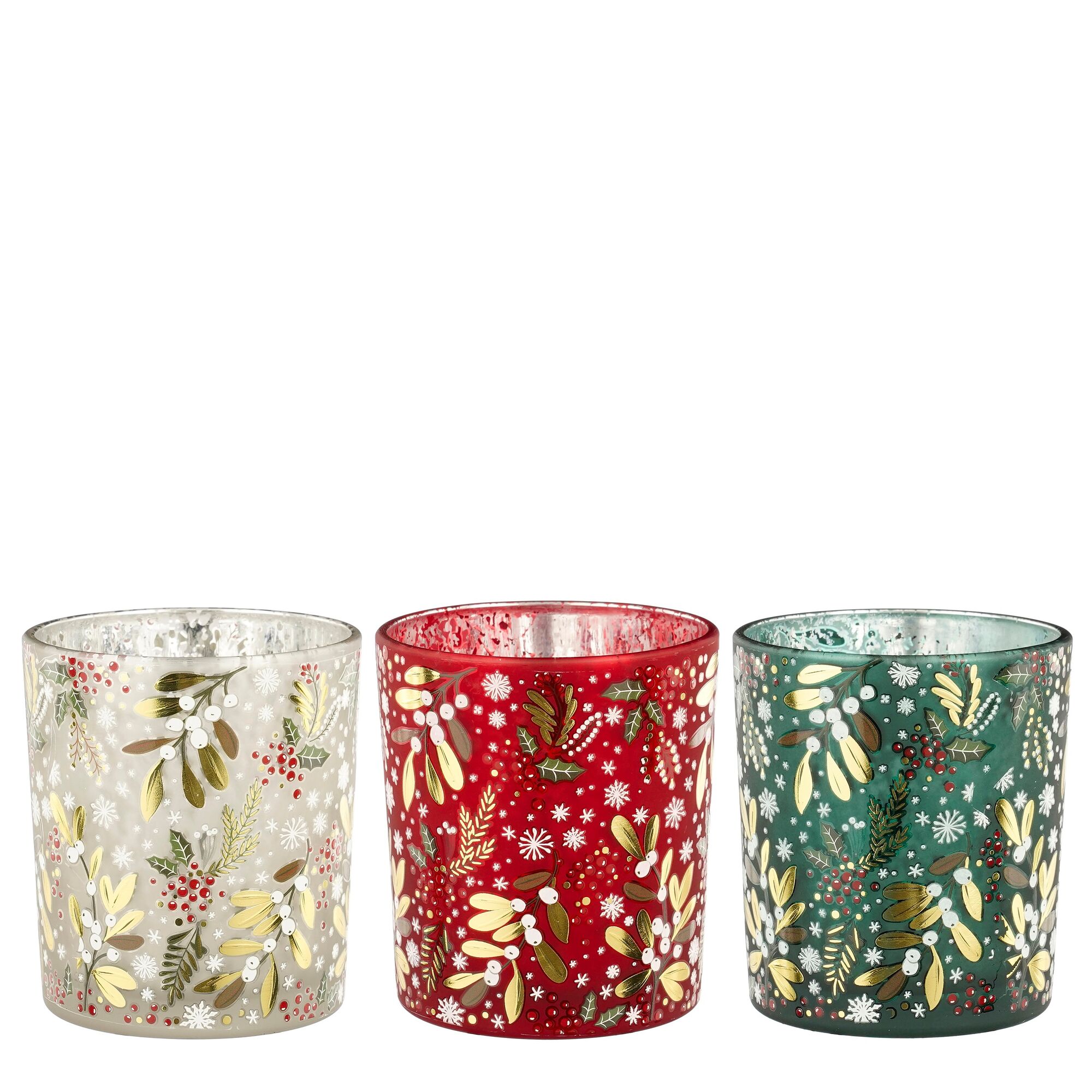 Theelicht houder hulst groen rood grijs 3 assorti