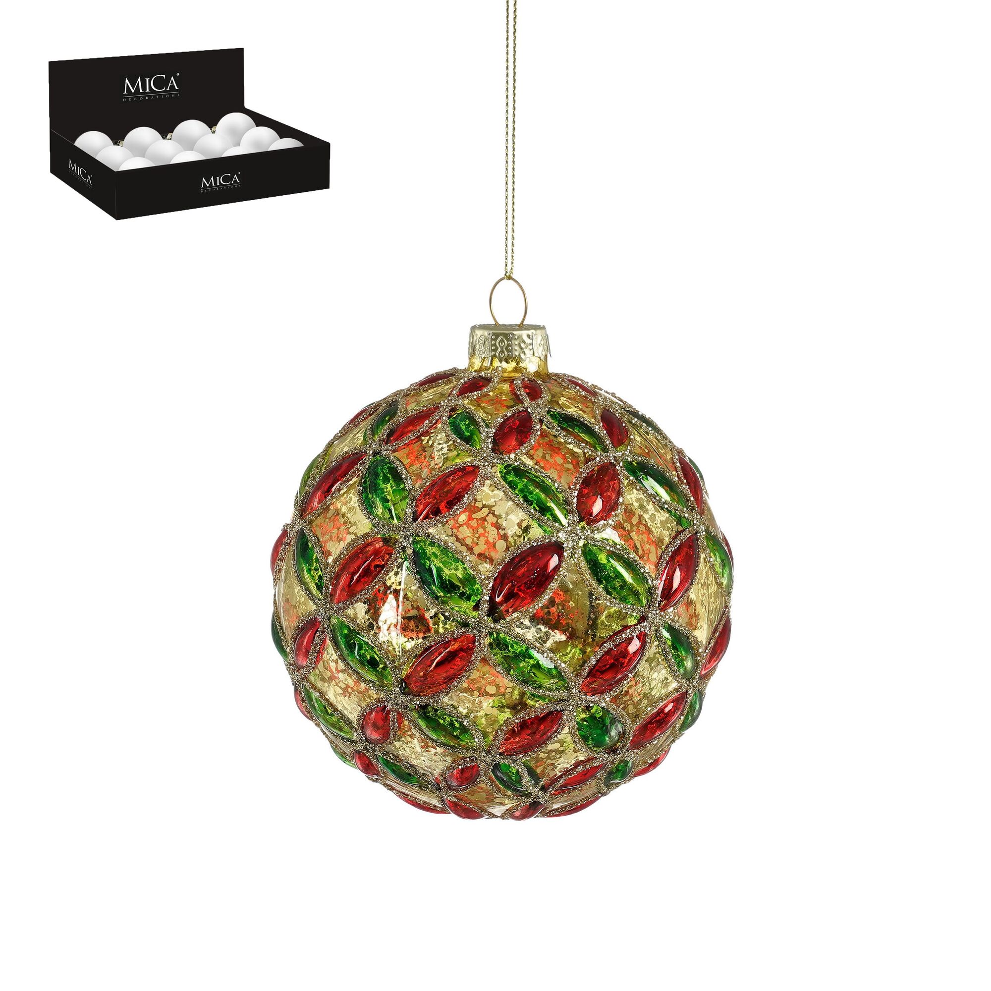 Bal glas bloemen goud 12 stuks display