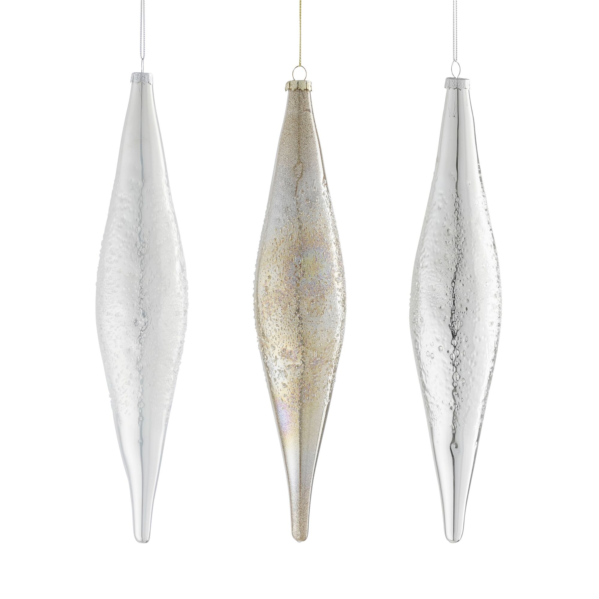 Ornament druppel glas wit zilver goud 3 assorti