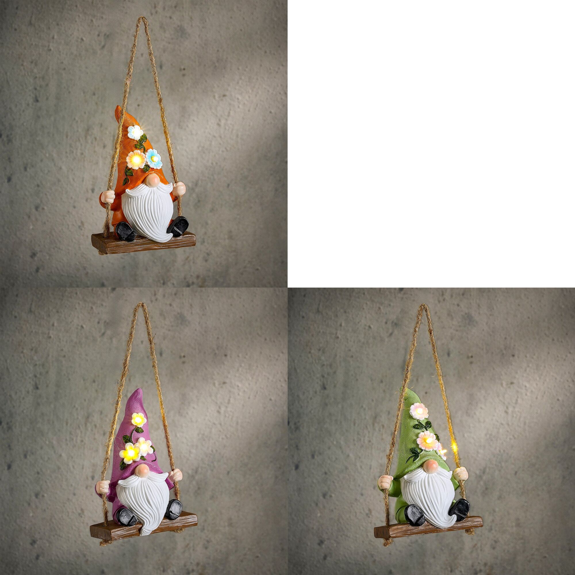 Solar lamp gnoom hangend led groen oranje paars warm wit 3 assorti display