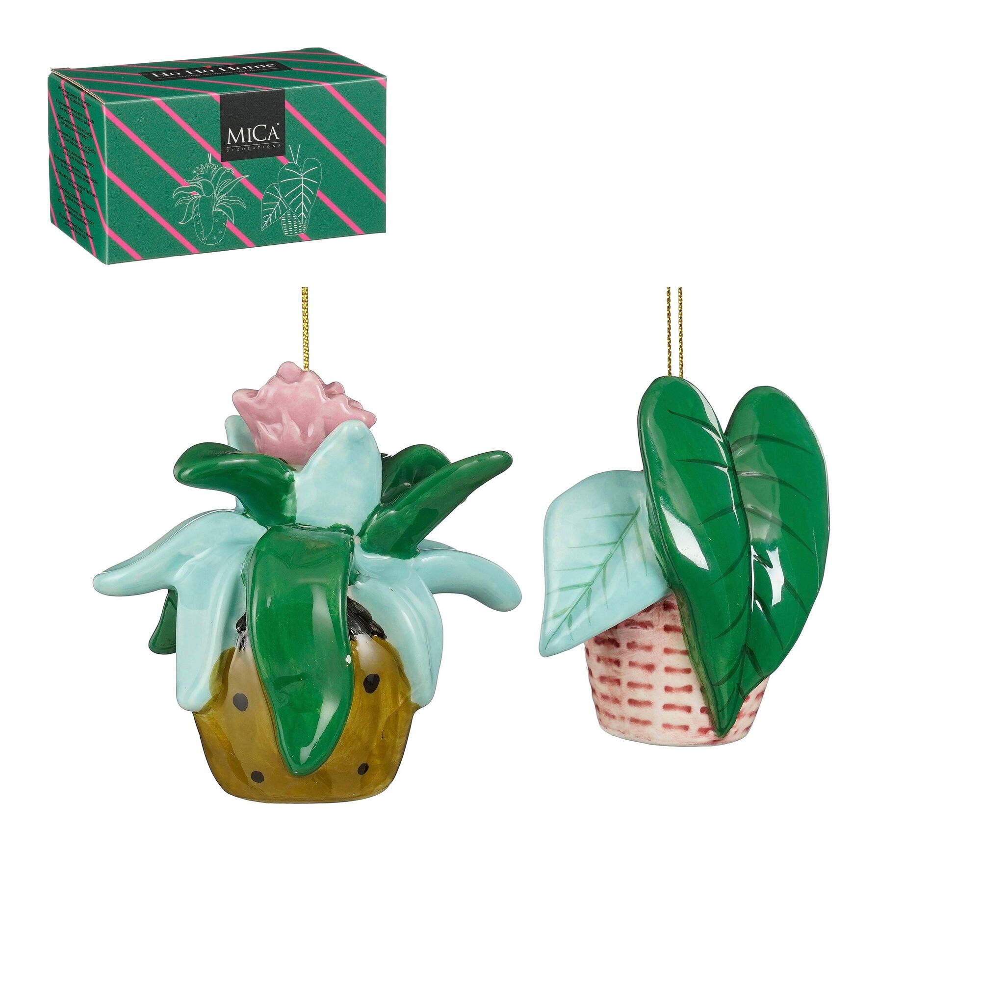 Ornament cadeau set planten groen roze 2 stuks