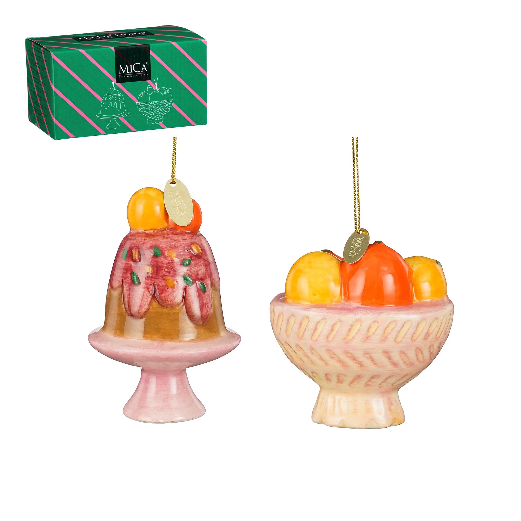 Ornament cadeau set taart fruit bruin l.roze 2 stuks