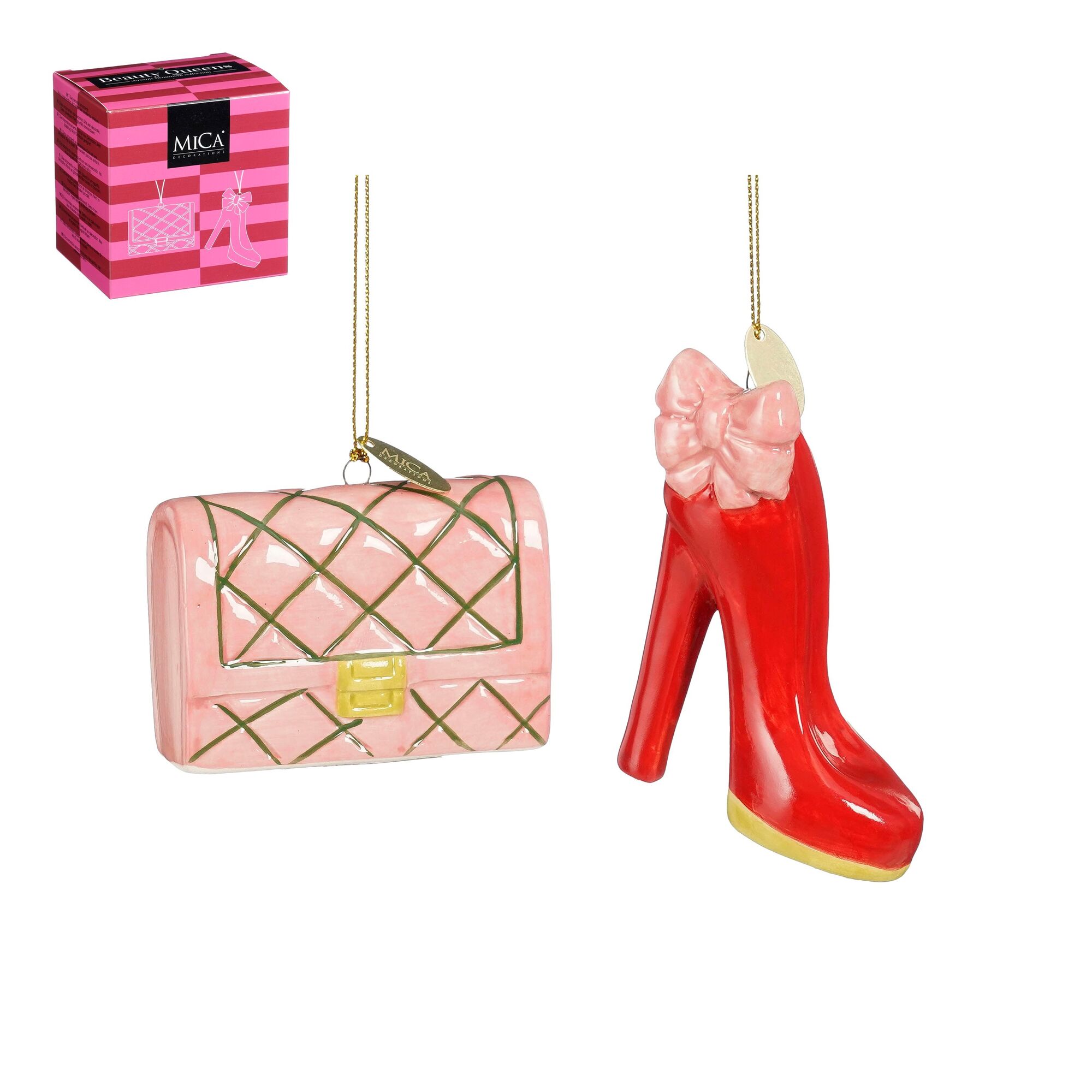 Ornament cadeau set purse schoen roze rood 2 stuks