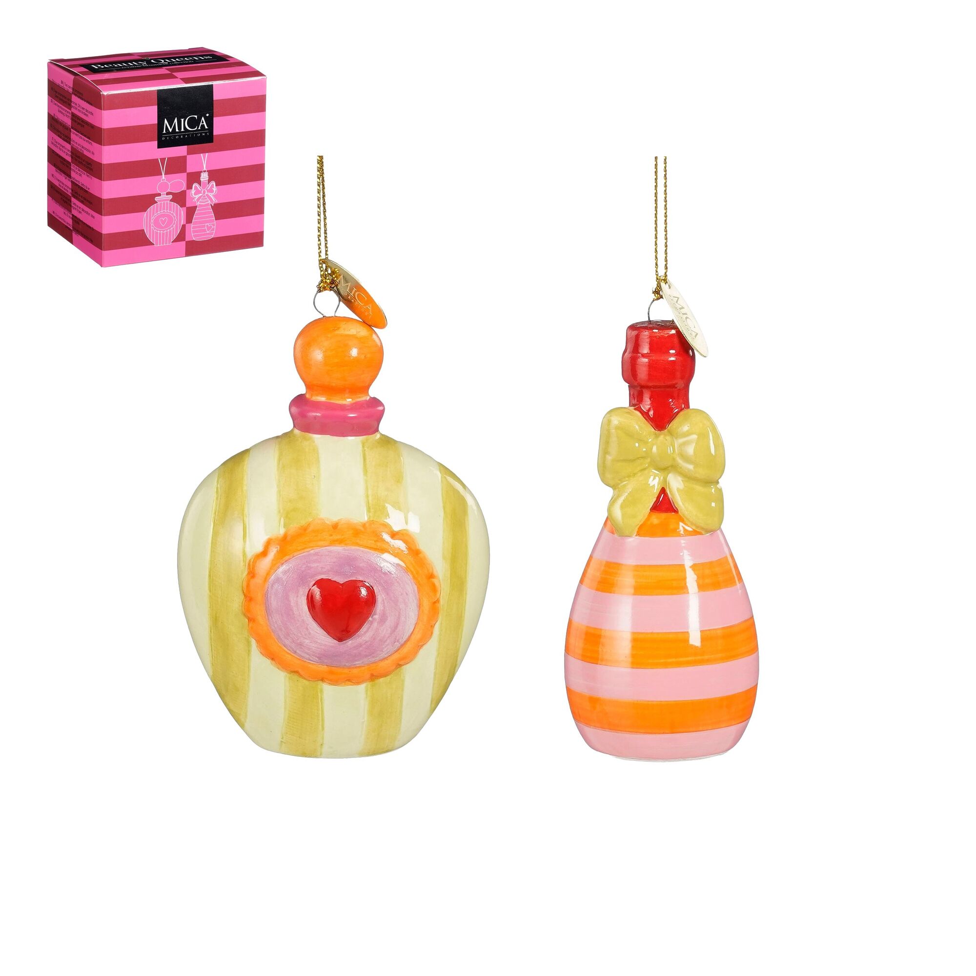Ornament cadeau set parfumfles champagnefles oranje geel 2 stuks