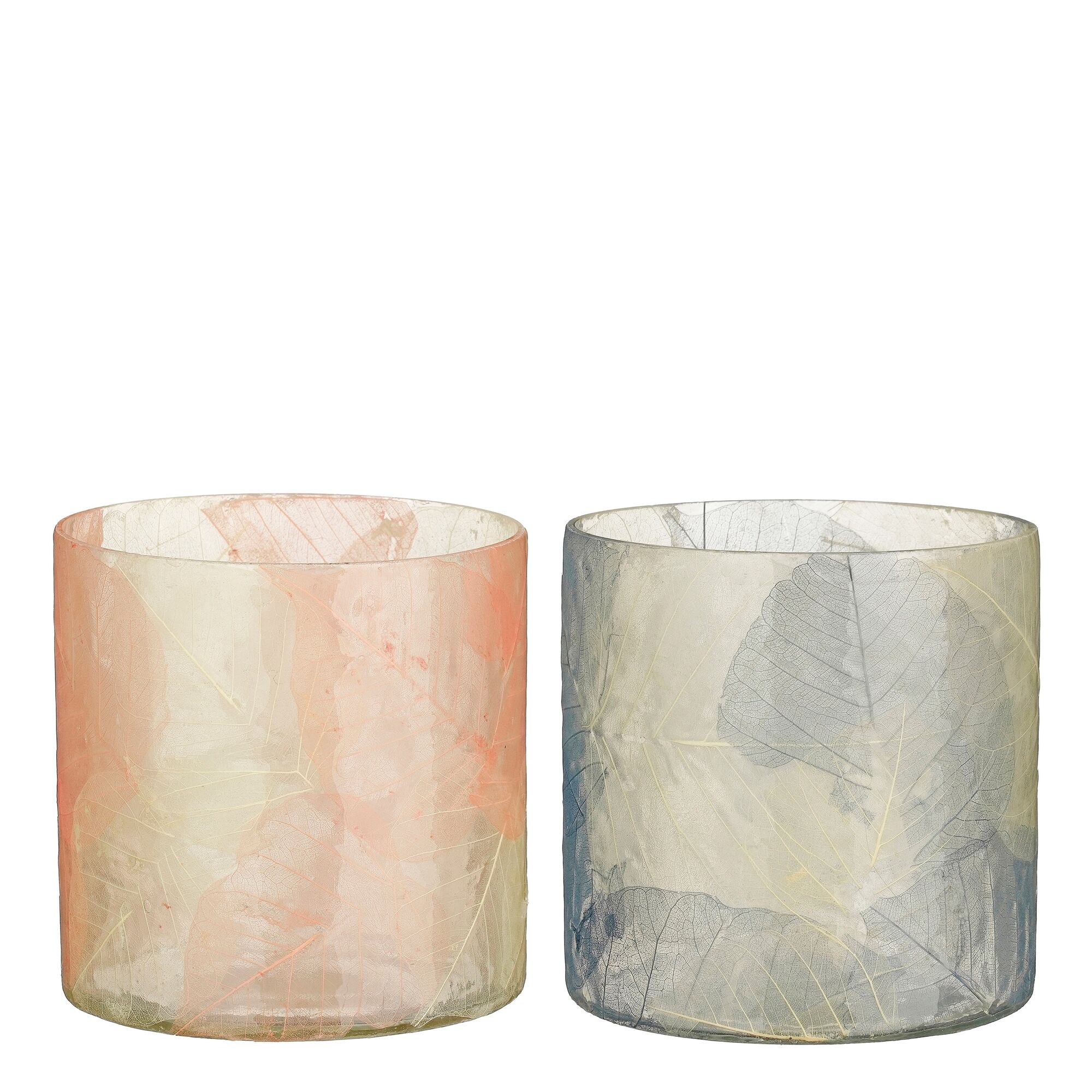 Theelicht houder bladeren blauw terra 2 assorti