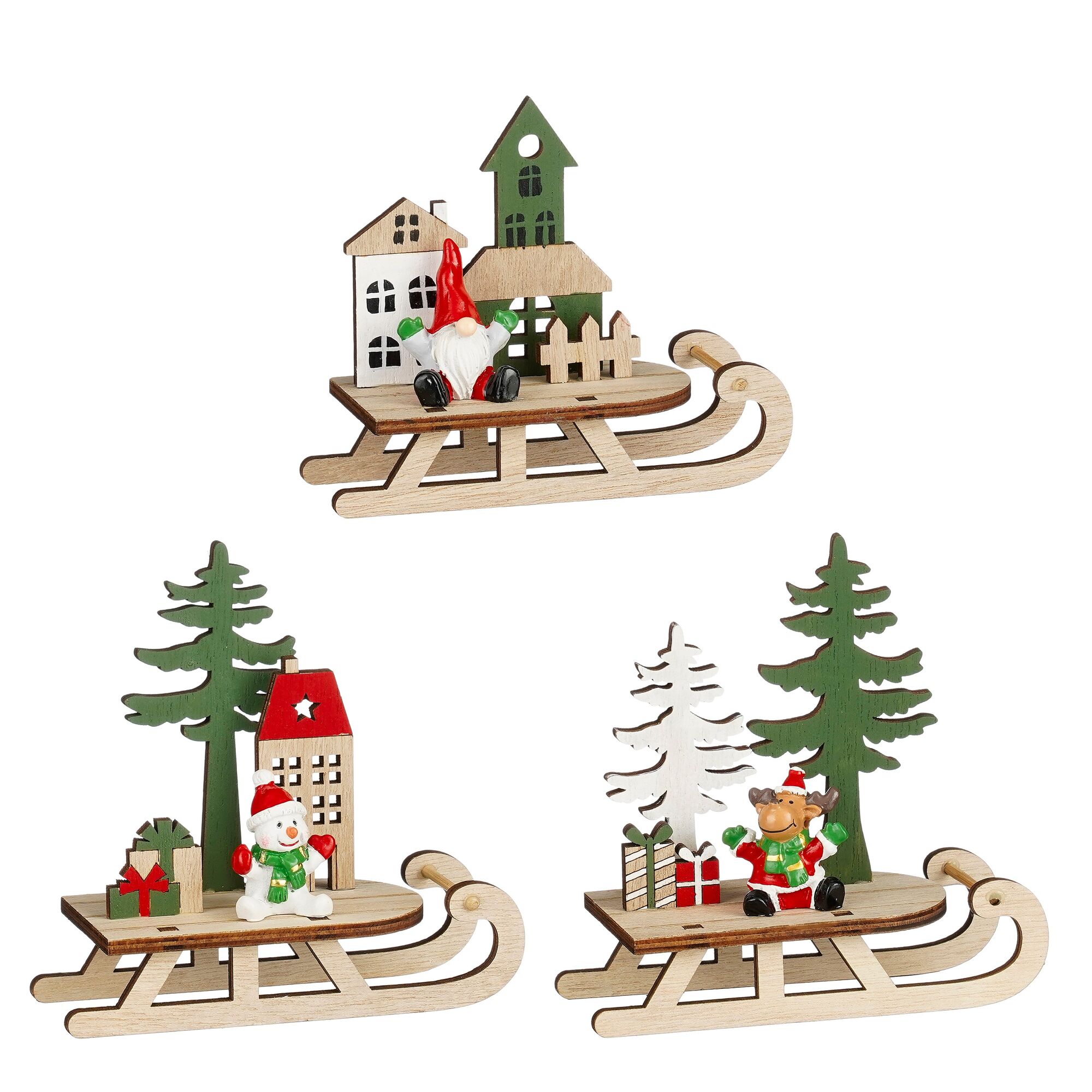 Decoratie sneeuwman gnoom hert slee bruin 2 assorti FSC Mix