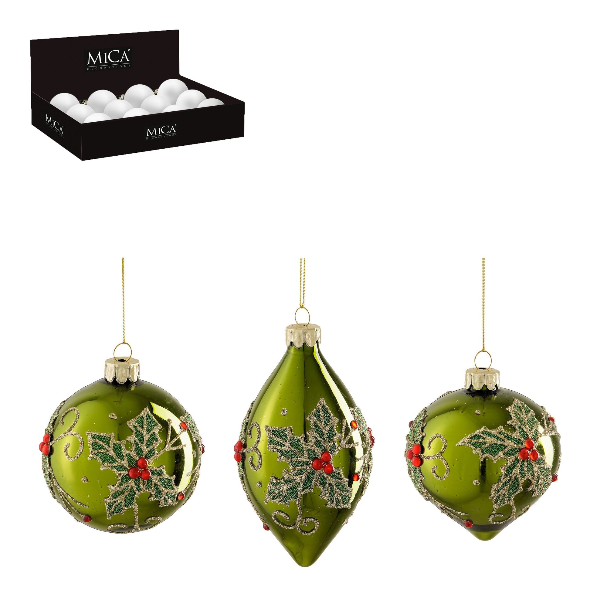 Ornament bal ui druppel groen 3 assorti 12 stuks display