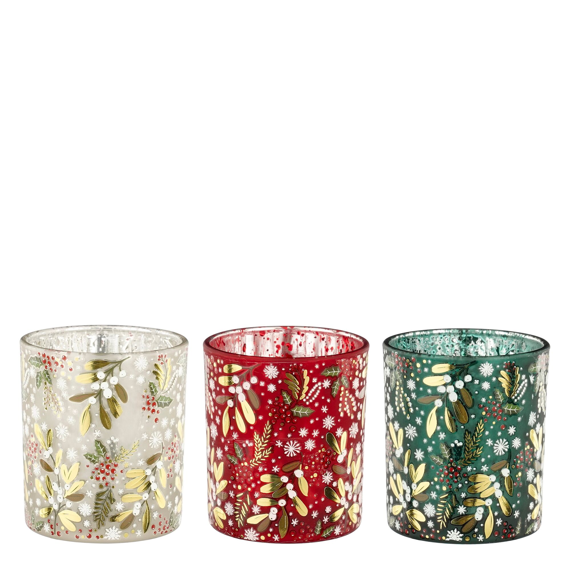 Theelicht houder hulst groen rood grijs 3 assorti