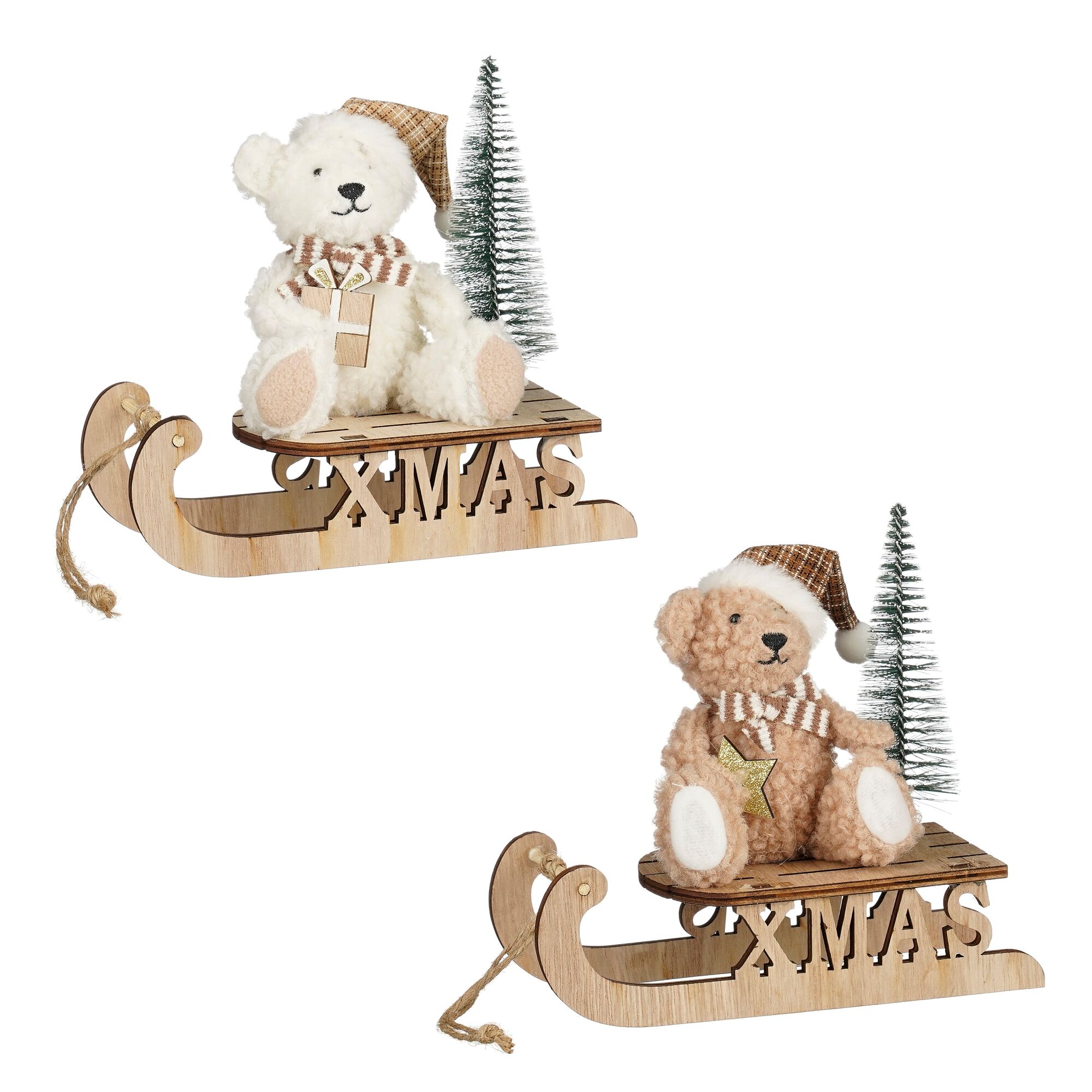 Decoratie beer slee wit bruin 2 assorti FSC 100%