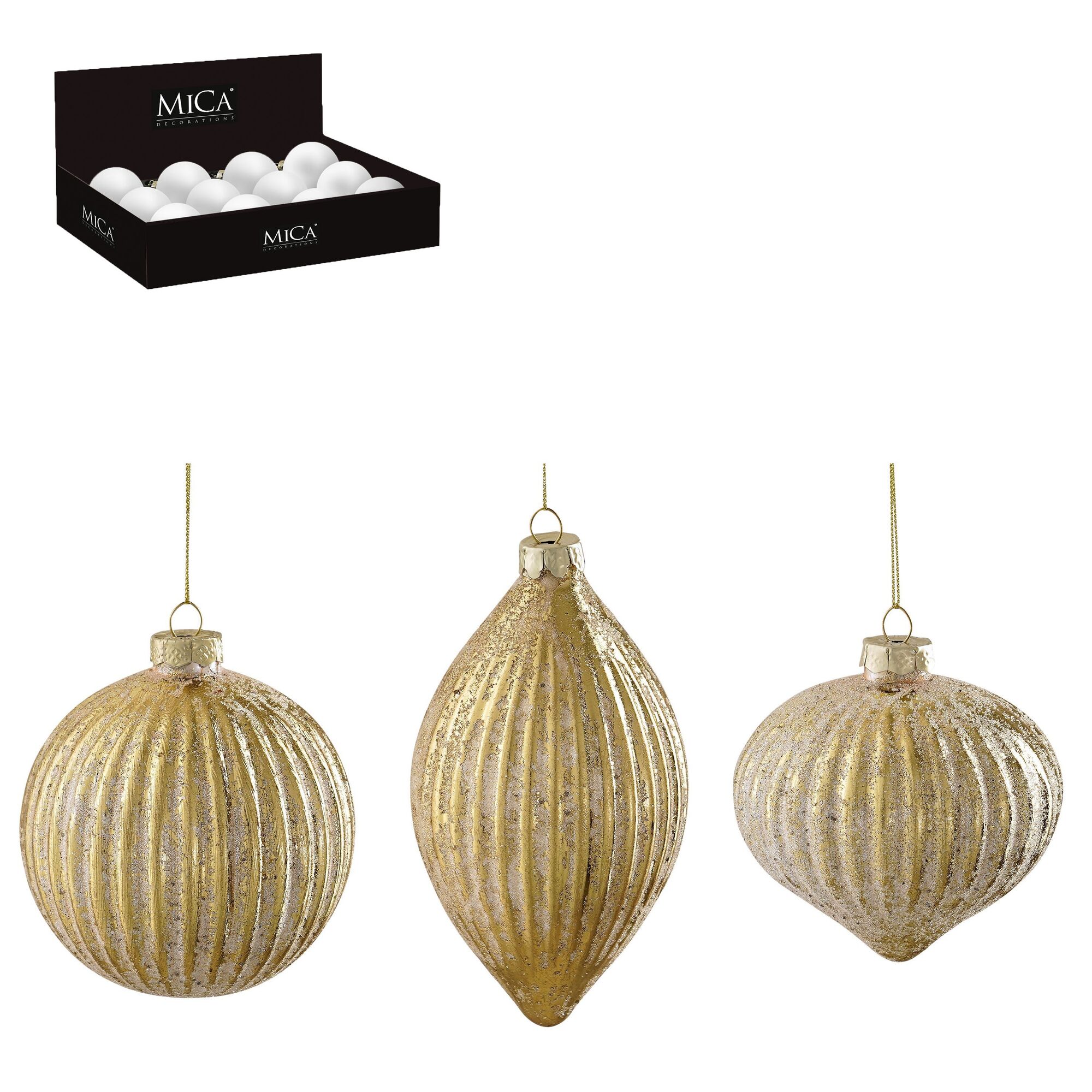 Ornament bal ui druppel goud 3 assorti 12 stuks display