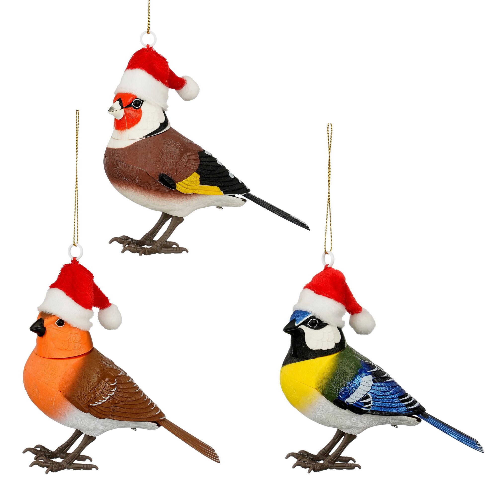 Ornament vogel kerstmuts blauw oranje bruin 3 assorti battery operated display