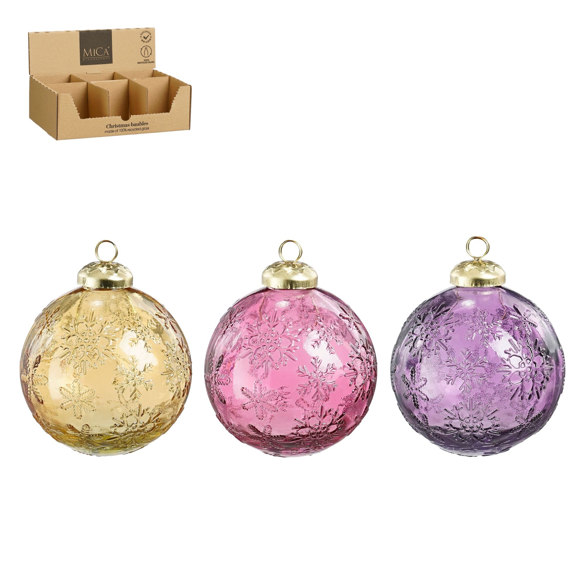 Bal glas sneeuwvlok recycled glas paars geel d.roze 3 assorti display