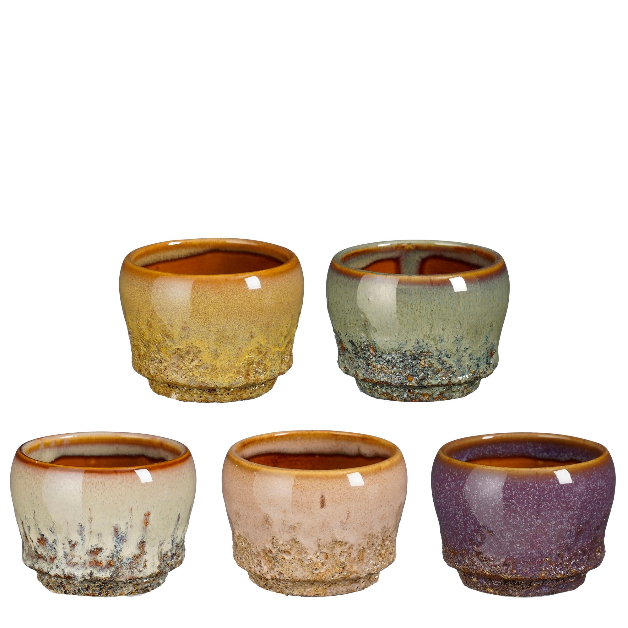 Rocky pot rond paars roze off white l.bruin groen 5 assorti display