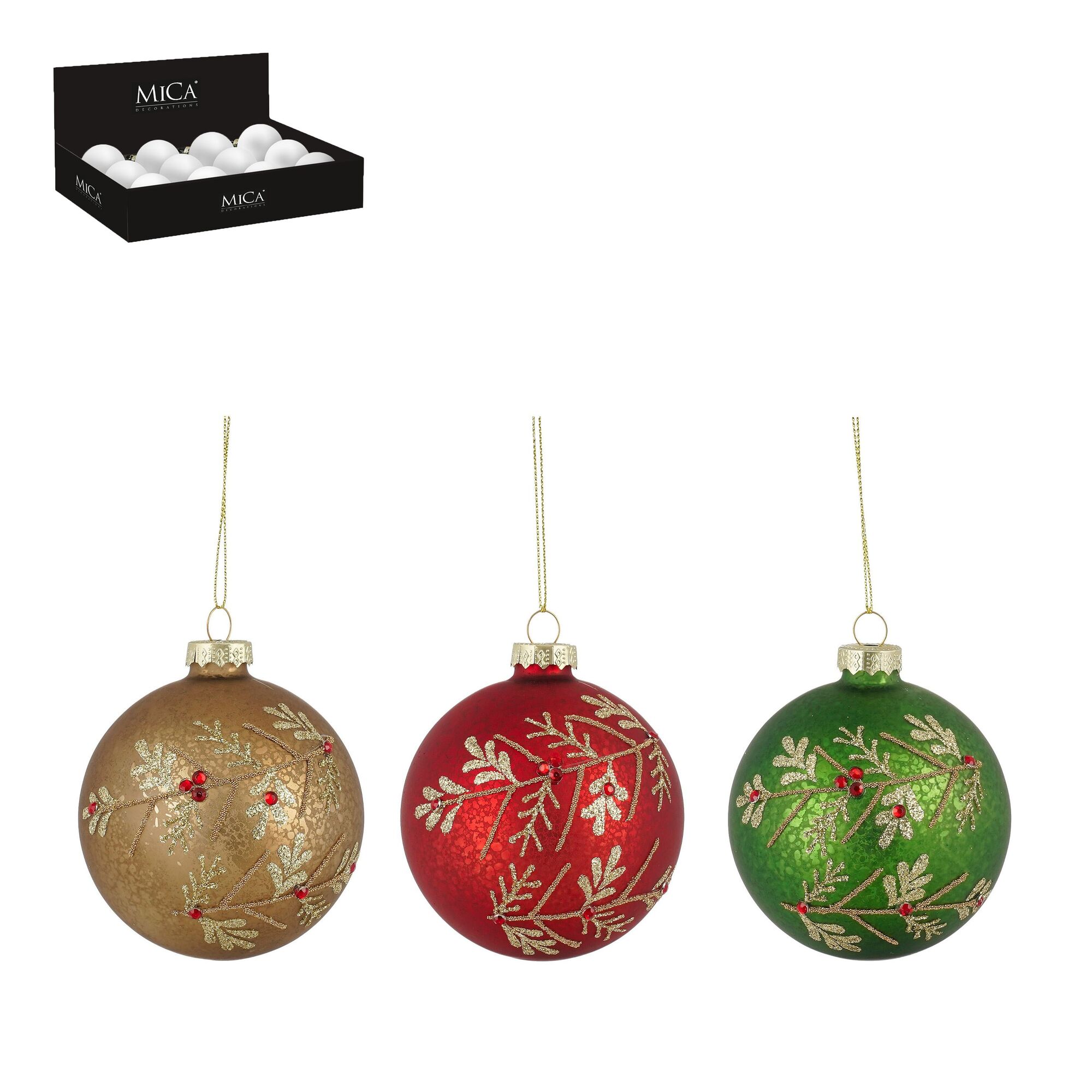 Bal glas bladeren rood goud groen 3 assorti 12 stuks display