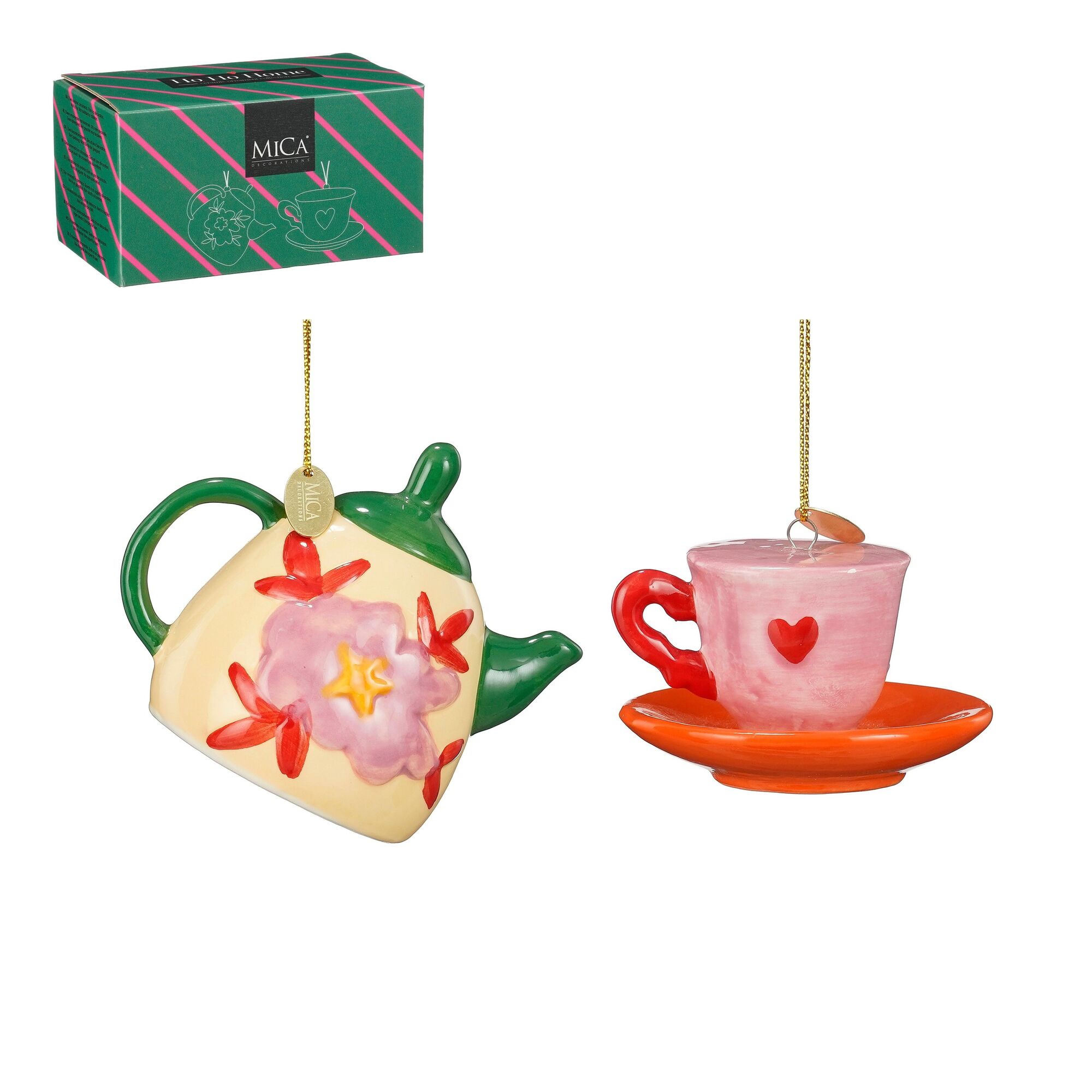 Ornament cadeau set theekopje theepot creme roze 2 stuks