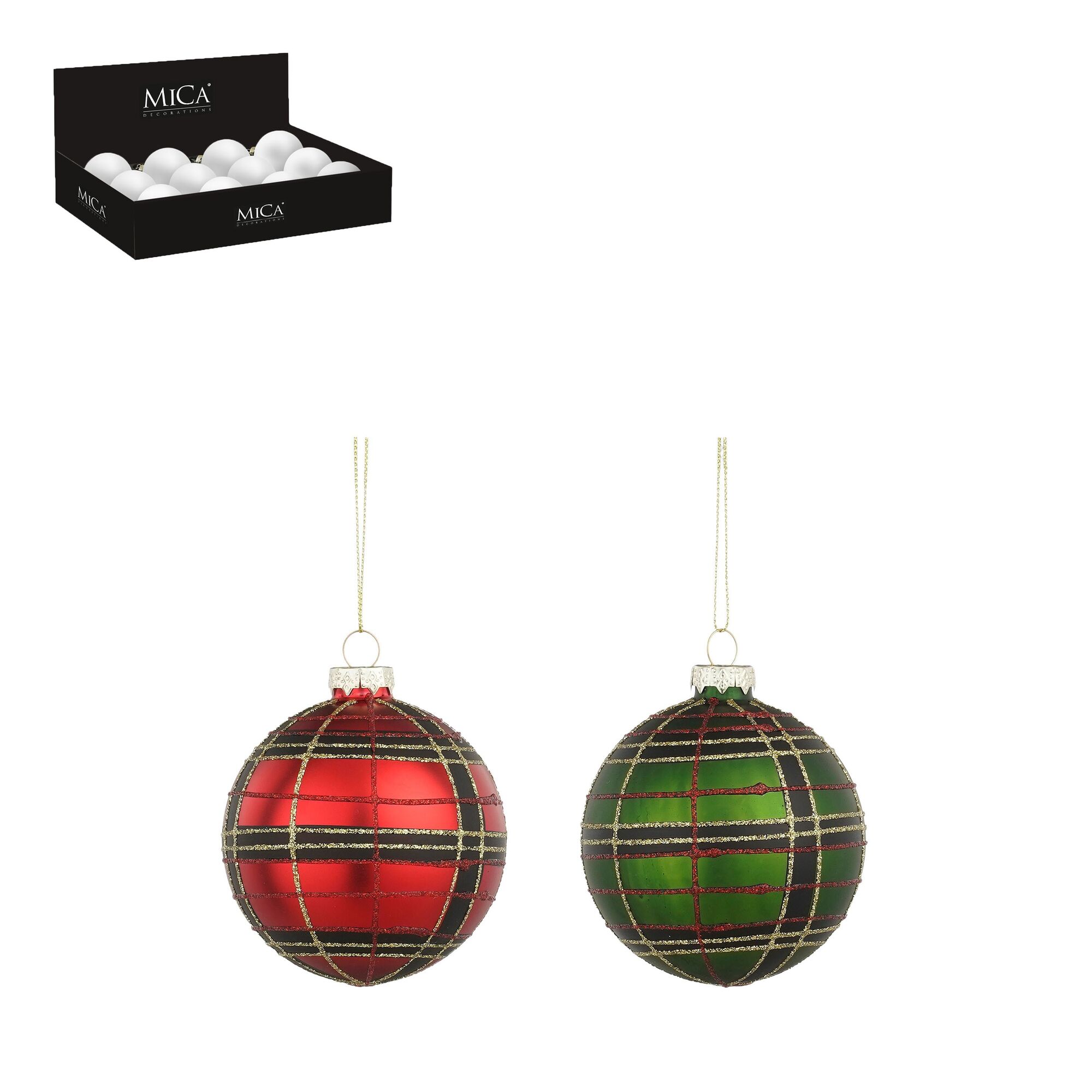Bal glas ruit rood groen 2 assorti 12 stuks display