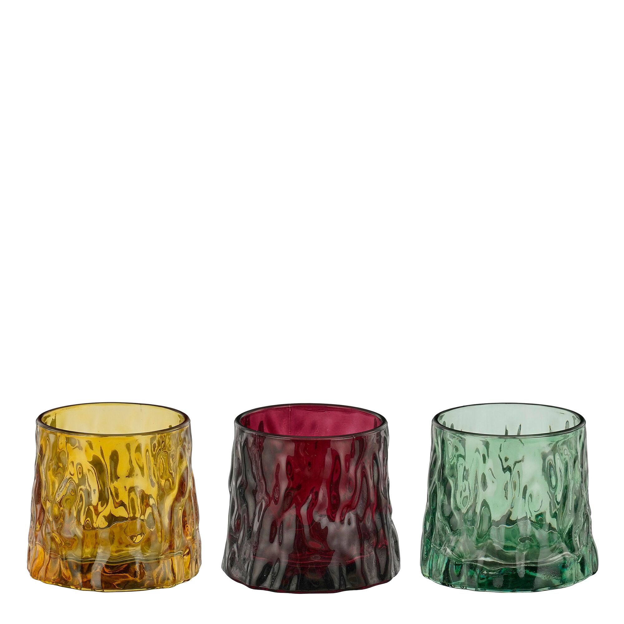 Theelicht houder glas groen geel d.roze 3 assorti