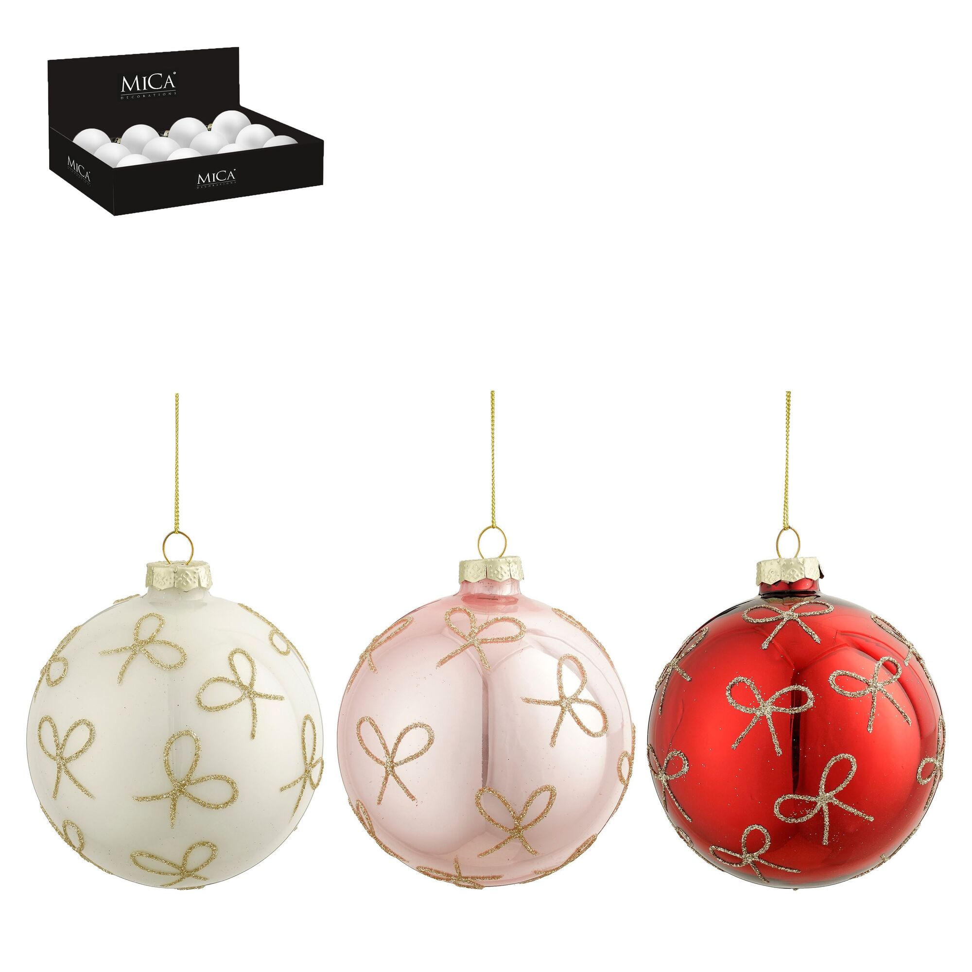 Bal glas strik wit rood roze 3 assorti 12 stuks display