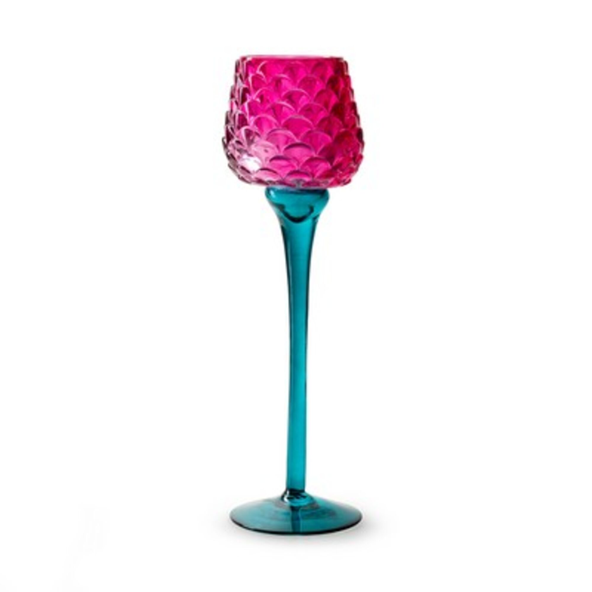 Theelichthouder op voet pinecone fuchsia petrol blauw