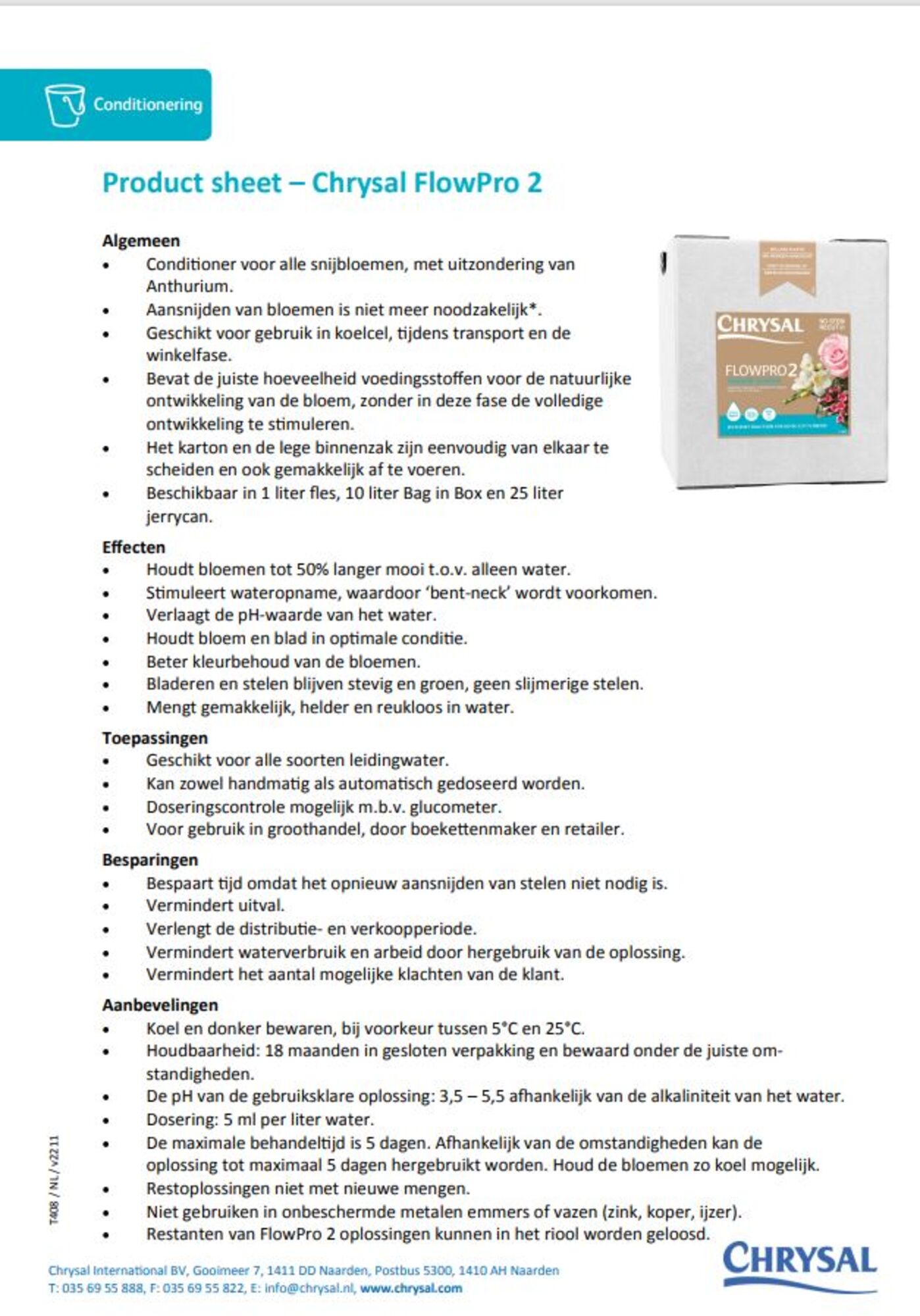 Chrysal FlowPro2, afsnijden niet nodig