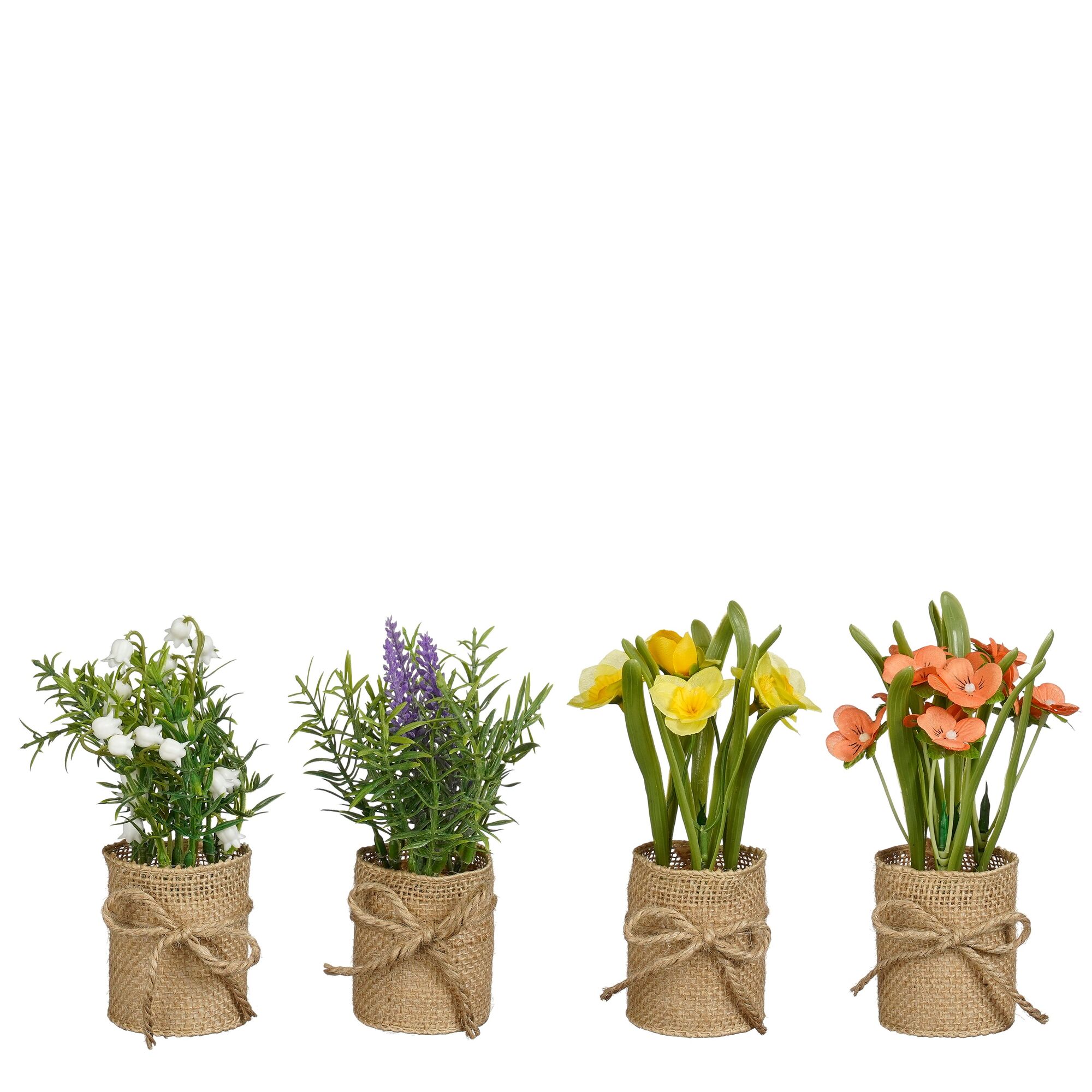 Bloemen in pot met burlap op tray wit paars oranje geel 4 assorti